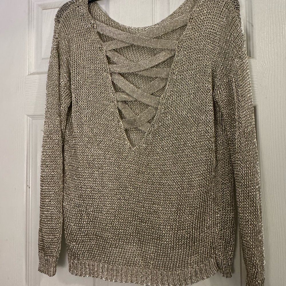 Lulus Elegant Sweater with Crisscross Design metallic look